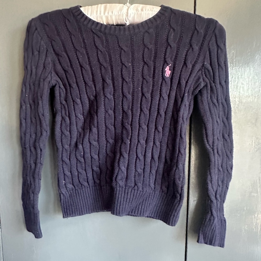 EUC. Size Small (7) Polo Ralph Lauren Girls Navy Cable Knit Sweater w/Pink Pony - Picture 5 of 9